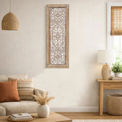Rectangular Mango Wood Wall Panel Hand Crafted With Intricate Carving, White and Brown