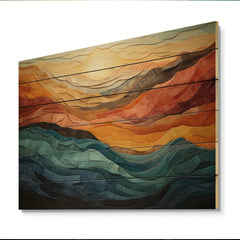 Designart "Coral Teal Bold Mountains Landscape" Modern Print on Natural Pine Wood
