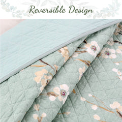 Cozy Line Cream Cherry Blossom Floral Cyan Blue Green Quilt Bedding Set