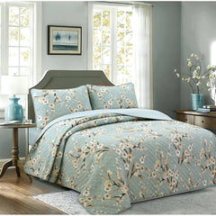 Cozy Line Cream Cherry Blossom Floral Cyan Blue Green Quilt Bedding Set