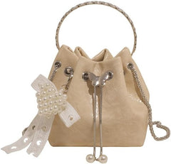 Mini Drawstring Bucket Bags with Pearl Charm, Glossy Irregular Texture Crossbody Purses, Multi-Color Collection