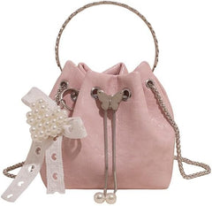 Mini Drawstring Bucket Bags with Pearl Charm, Glossy Irregular Texture Crossbody Purses, Multi-Color Collection