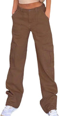 Women’s Stretch High Waisted Work Pants Straight Leg Multi-Pockets Design Casual Cargo Trousers
