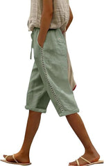 Womens Linen Bermuda Shorts Summer Side Lace Elastic Waist Drawstring Solid Color Wide Leg Pants with Pocket