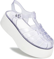 Huaraches Clear Jelly Sandals for Women Platform Jelly Flats Hollow Water Slides Slip on House Slippers Wide No Slip Chunky Sole Lightweight Breathable Summer Dress Shoes Beach Party Cruise Vacation