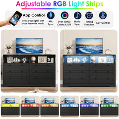 6 Drawer Large Wooden Dresser, with LED Light and Power Outlet