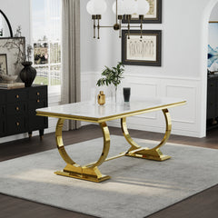 65 inch Faux Marble Dining Table Set with Boucle Dining Chairs