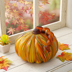 Glitzhome Fall Thanksgiving Multi Striped Handblown Glass Pumpkins Table Accent