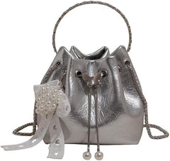 Mini Drawstring Bucket Bags with Pearl Charm, Glossy Irregular Texture Crossbody Purses, Multi-Color Collection