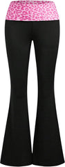 Women's Leopard Print Color Block Flare Pants Elastic High Waisted Bell Bottoms