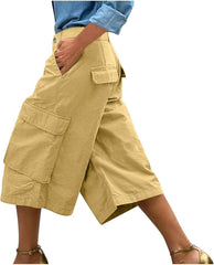 Culottes for Women Regular High Waist Button Trim Cargo Capri Pants with Pockets Casual Dressy Work Chino Pant