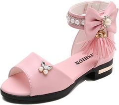 Women's Girl's Bowknot Sandals,Pearl Princess Shoes Rhinestone Summer Shoes Tassel Fashion Flat Shoes Comfortable Soft Bottom Shoes