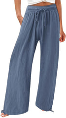 Womens Palazzo Pants Wide Leg High Waist Flowy Pants Casual Summer Linen Pant Beach Loose Boho Trousers with Pockets