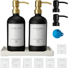 Glass Soap Dispenser for Kitchen, Farmhouse Dish Soap Dispenser&Hand Soap Dispenser Set,Rustproof Pump Lotion Dispenser Bathroom with Tray, Waterproof Label for Kitchen Decor(Clear