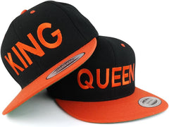 Trendy Apparel Shop King and Queen Two Tone Embroidered Flat Bill Snapback Cap - 2pc Set