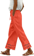Womens Dress Pants Boho Hollow Out Long Linen Gauze Wide Leg Pants Summer Beach Drawstring Pull on Flowy Slacks