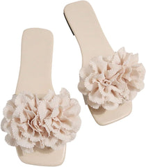 OYOANGLE Women's Floral Appliques Leather Slide Sandals Square Open Toe Dressy Beach Flat Sandal