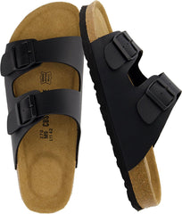 CUSHIONAIRE Lane Cork Footbed Mens Sandals, Adjustable Buckle Comfort Slides for Men, Genuine Leather Insole Summer Sandals Men Footwear