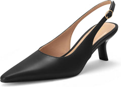 Women's Slingback Pumps - Pointed Toe Sandals, Low Kitten Heel, Elegant Dress Shoes with Buckle Strap
