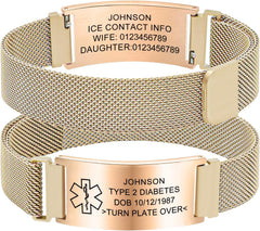 Personalized Medical Info Bracelet with Laser-Engraved Tag and Adjustable Milanese Mesh Band in Premium Stainless Steel, Custom Safety Gift for Men and Women