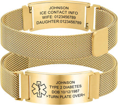 Personalized Medical Info Bracelet with Laser-Engraved Tag and Adjustable Milanese Mesh Band in Premium Stainless Steel, Custom Safety Gift for Men and Women