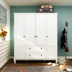 63"W Wood Family Wardrobe Armoire Closet White Lacquer Clothing Rods