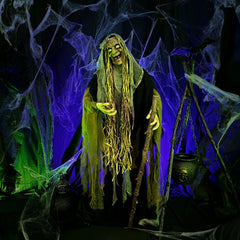 Haunted Hill Farm 5.7-Ft. Life-Size Talking Animatronic Witch with White Eyes