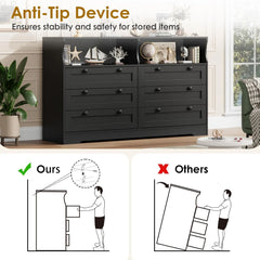 6 Drawer Large Wooden Dresser, with LED Light and Power Outlet