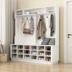 63"W 18 Shoe Cubbies Shoe Bench Shoe Cabinet Wide Hall Tree With Hooks