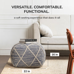 Jani Kirkwood Lake 22-inch Blue Pouf Ottoman - Handmade Footrest for Living Room, Bedroom, Nursery, Kidsroom