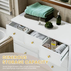 47" White Wooden Dresser With 7 Deep Drawers & Metal Handles