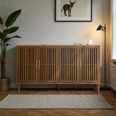 63 Inch Walnut Sideboard Buffet Cabinet with Storage, 4 Door Grille Design Accent Cabinet for Dining Room