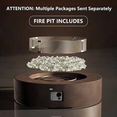 COSIEST 42'' Outdoor Round Propane Fire Pit w Wind Guard and Fire Glass
