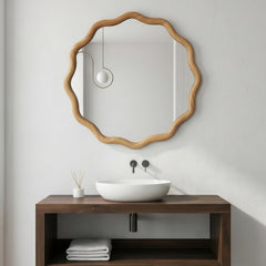 24 inch Wavy Round Solid Wood Frame Decorative Mirror