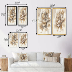 Designart "Single Beige Flower" Floral Framed Wall Art Set Of 2 - Beige Canvas Set For Living Room Decor