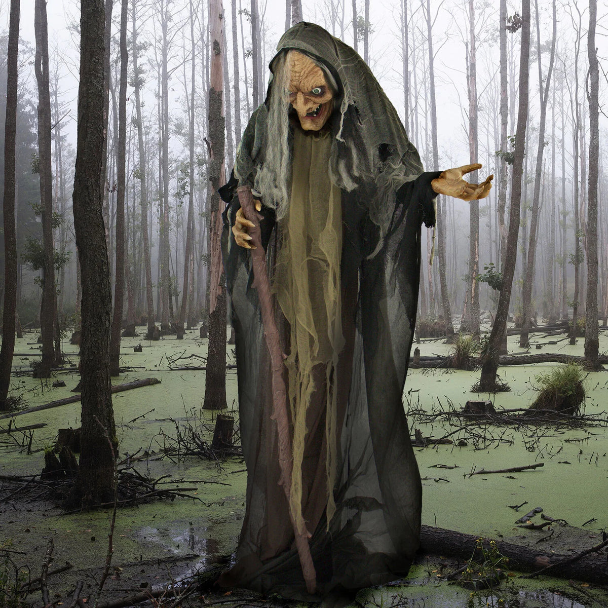 Haunted Hill Farm 5.3-Ft. Life-Size Talking Animatronic Witch with Red Eyes
