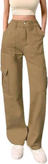 Women’s Stretch High Waisted Work Pants Straight Leg Multi-Pockets Design Casual Cargo Trousers