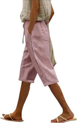 Womens Linen Bermuda Shorts Summer Side Lace Elastic Waist Drawstring Solid Color Wide Leg Pants with Pocket