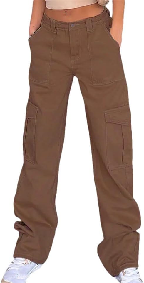 Women’s Stretch High Waisted Work Pants Straight Leg Multi-Pockets Design Casual Cargo Trousers