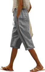 Womens Linen Bermuda Shorts Summer Side Lace Elastic Waist Drawstring Solid Color Wide Leg Pants with Pocket