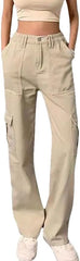 Women’s Stretch High Waisted Work Pants Straight Leg Multi-Pockets Design Casual Cargo Trousers