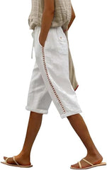 Womens Linen Bermuda Shorts Summer Side Lace Elastic Waist Drawstring Solid Color Wide Leg Pants with Pocket