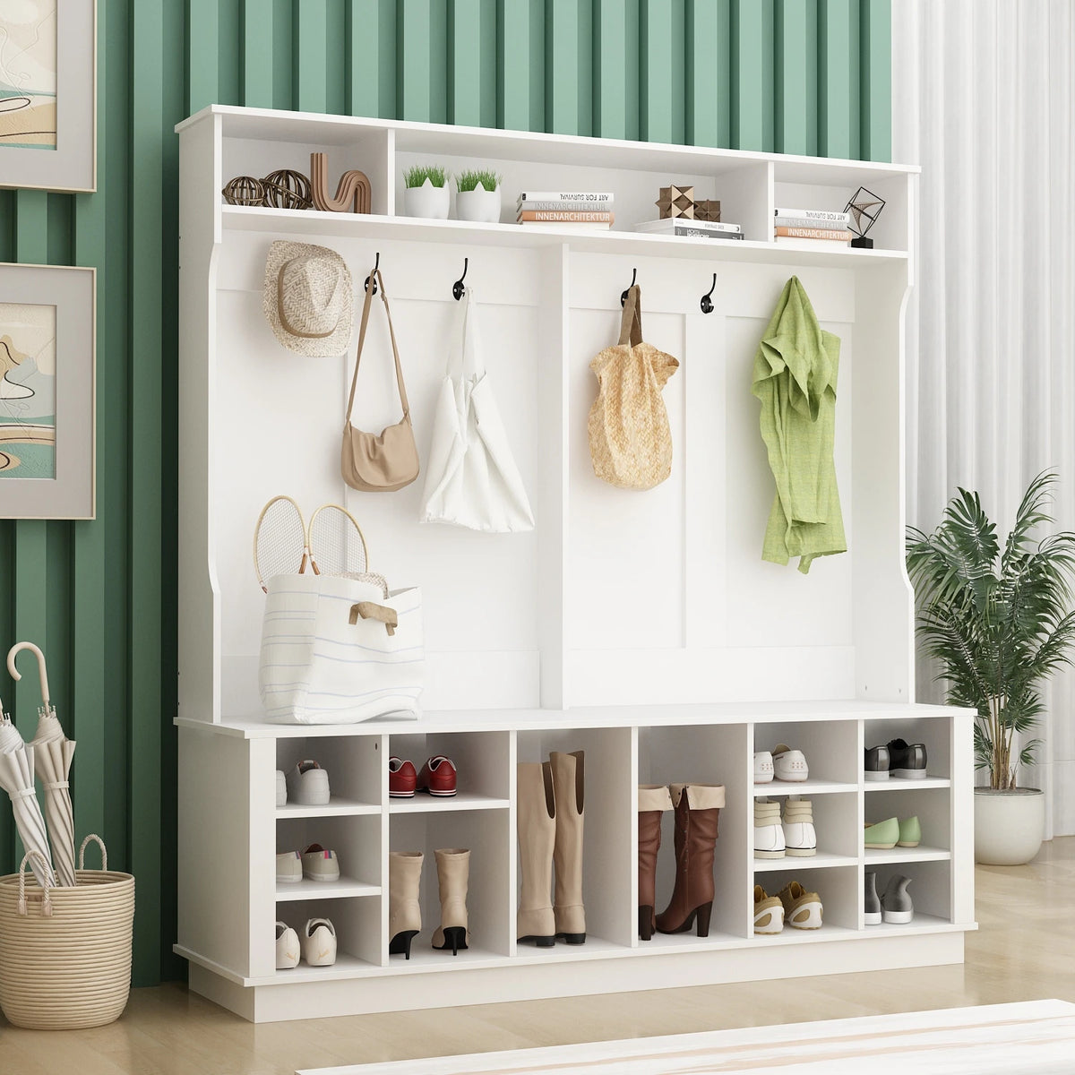 63"W 18 Shoe Cubbies Shoe Bench Shoe Cabinet Wide Hall Tree With Hooks