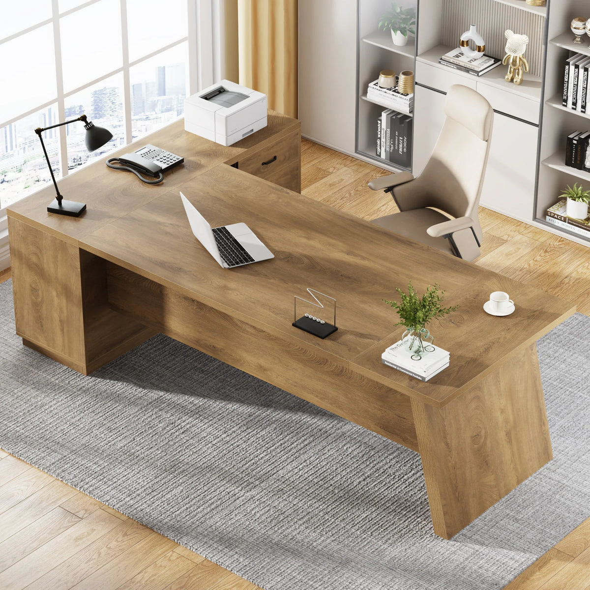78.7-Inch L-Shaped Executive Desk Computer Desk with File Cabinet