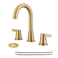 NEWATER Brushed Gold Bathroom Faucet 2-Handle Gold Widespread Bathroom Sink Faucet 3-Holes Lavatory Faucet with Pop-up Drain Assembly and Faucet Supply Lines