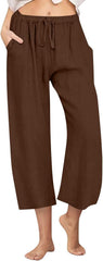 Capri Pants for Women Cotton a Summer Casual Linen Pants Drawstring Elastic Waist Cropped Wide Leg Comfy Capris