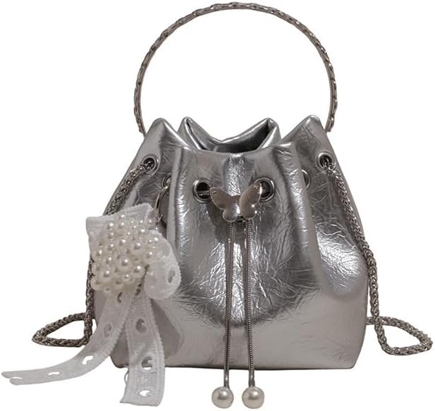 Mini Drawstring Bucket Bags with Pearl Charm, Glossy Irregular Texture Crossbody Purses, Multi-Color Collection