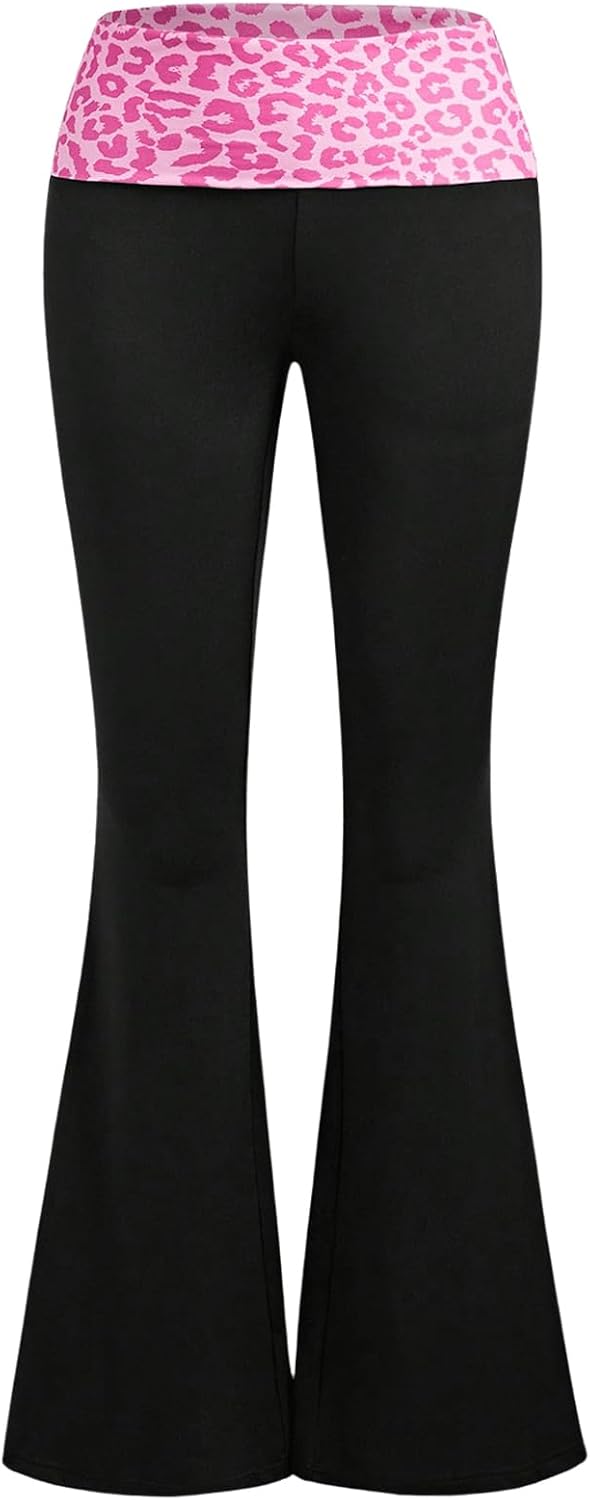 Women's Leopard Print Color Block Flare Pants Elastic High Waisted Bell Bottoms