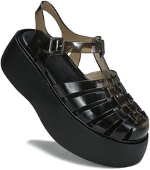 Huaraches Clear Jelly Sandals for Women Platform Jelly Flats Hollow Water Slides Slip on House Slippers Wide No Slip Chunky Sole Lightweight Breathable Summer Dress Shoes Beach Party Cruise Vacation