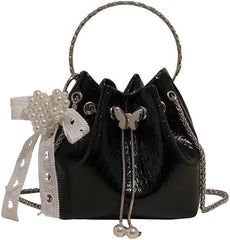 Mini Drawstring Bucket Bags with Pearl Charm, Glossy Irregular Texture Crossbody Purses, Multi-Color Collection